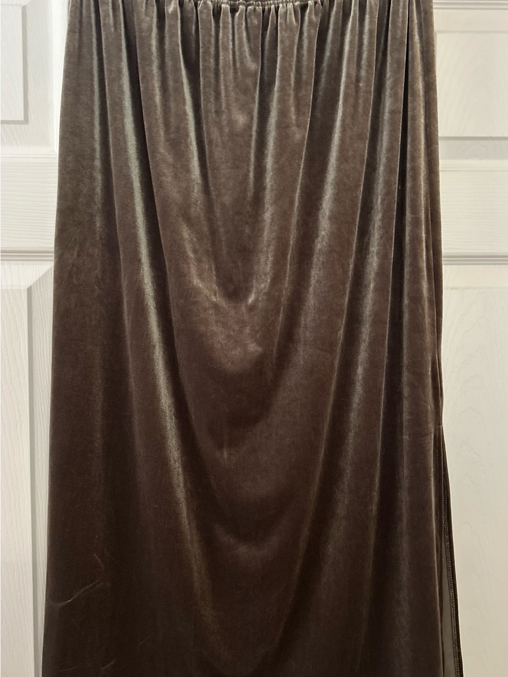 Forever New York Olive Green Velvet Midi Skirt | Side Slits | Size Large